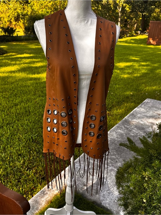 Jealous Tomato Jackets & Blazers - Jealous Tomato Brown Fringed Eyelet Vest